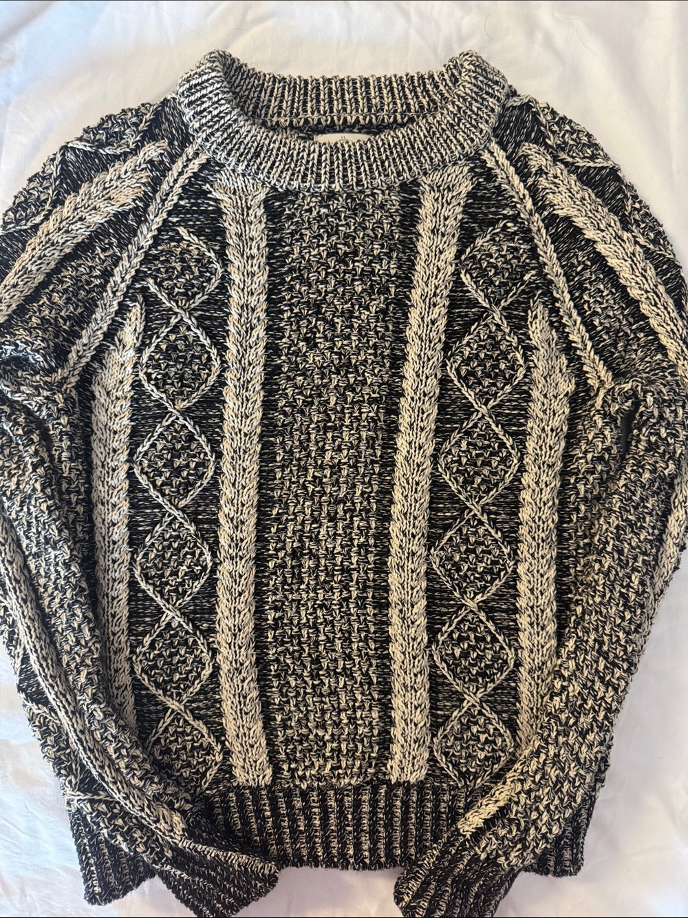 L.L. Bean Black and Cream Marled Cable Knit Sweater
